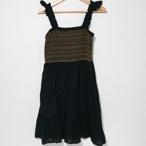 J.Crew Dress Small Black Factory Smocked Flutter Strap Tiered Boho Cotton